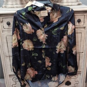 Ellie Women's Button Down Shirt - Black with Floral Print